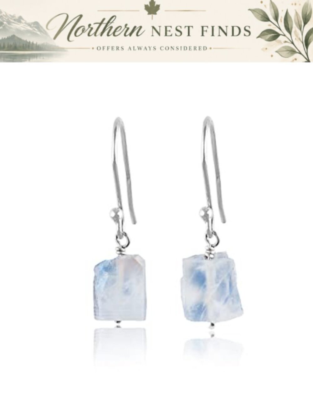 Rainbow Moonstone Raw Dangle Earrings Rhodium Plated 925 Sterling Silver